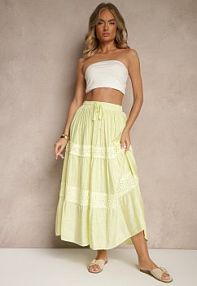 Żółta Rozkloszowana spódnica z Wiskozą Zdobiona Koronką Bannela belcci