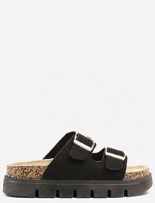 Czarne klapki na Podeszwie z Tłoczeniami Zdobione Sprzączkami Kinerella c'm paris damskie