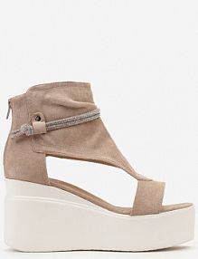 Beżowe sandały za Kostkę na Platformie z Koturnem Ozdobione Cyrkoniami Gavrela Renee