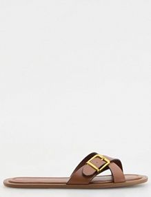 Skórzane klapki z klamrami Reserved brązowe damskie 415CP-88X