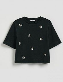 T-shirt z dekoracyjnymi kryształkami Reserved turkusowy damski 871HD-67X