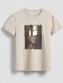 T-shirt z połyskującym nadrukiem Reserved beżowy damski ZS476-08X