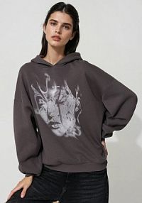 Grafitowa bluza z kapturem i dużym nadrukiem loose fit House szara damska 114GB-90X