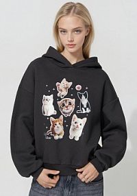 Grafitowa bluza z kapturem i nadrukiem kotków House szara damska 116GB-90X