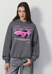 Bluza z kapturem i nadrukiem różowego samochodu House szara damska 179GN-90X