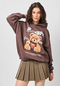 Bluza z kapturem i nadrukiem z misiem House brązowa damska 538GS-88X