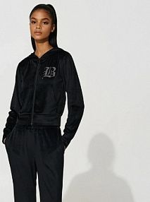 Welurowa rozpinana  bluza z kapturem i motywem z dżetów House czarna damska 547GS-99X