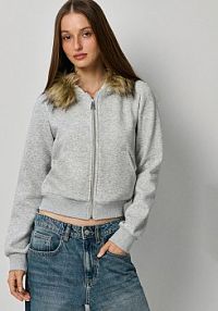 Rozpinana bluza slim fit z kapturem i odpinanym futerkiem  House szara damska 549GS-09M