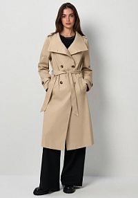 Dwurzędowy  trencz na stójce z paskiem House beżowy 589EW-08X