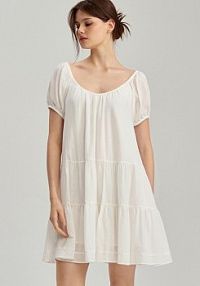 Sukienka mini z bufiastymi rękawami i falbanami House biała 706EZ-00X