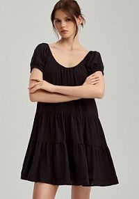 Sukienka mini z bufiastymi rękawami i falbanami House czarna 706EZ-99X