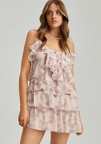 Beżowa sukienka mini z falbankami w kwiatowy wzór House 709EZ-MLC