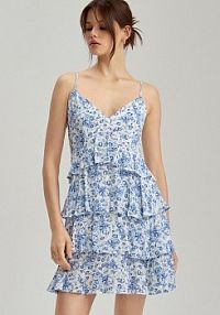 Wiskozowa sukienka mini z falbankami w niebieskie kwiaty House 710EZ-MC2