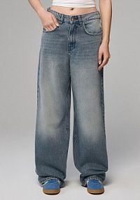 Niebieskoszare jeansy baggy fit mid waist z efektem sprania House niebieskie damskie 732FV-50J