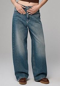 Niebieskie jeansy baggy fit mid waist z efektem sprania House fioletowe damskie 732FV-57J