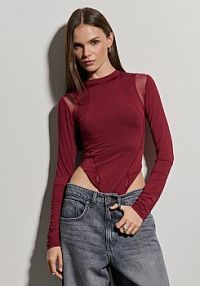 Bordowe body z długim rękawem i przeszyciami House brązowe 780GP-83X