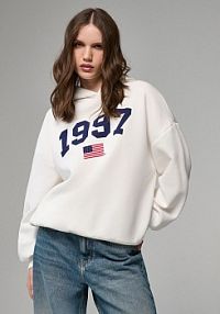 Kremowa bluza z kapturem i nadrukiem 1997 House beżowa damska 833EA-01X