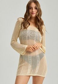 Kremowe ażurowe ponczo plażowe z wiązaniem House beżowe 986EN-01X