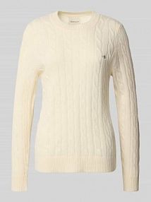 Sweter z dzianiny ze ściegiem warkoczowym i wyhaftowanym logo Gant biały damski EAN 4805315