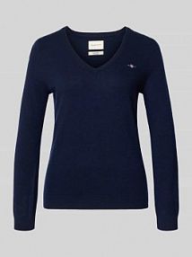 Sweter z dzianiny z mieszanki wełny jagnięcej z dekoltem w serek Gant granatowy damski EAN 4805262