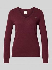 Sweter z dzianiny z mieszanki wełny jagnięcej z dekoltem w serek Gant czerwony damski EAN 4805262