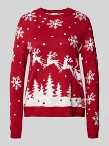 Sweter z dzianiny z okrągłym dekoltem model SNOWI Vila czerwony damski EAN 14112442