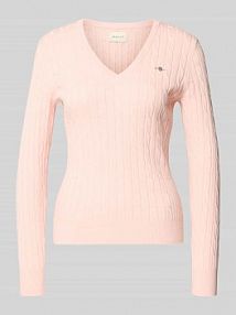 Sweter z dzianiny ze ściegiem warkoczowym i wyhaftowanym logo Gant różowy damski EAN 4800101