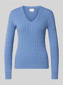 Sweter z dzianiny ze ściegiem warkoczowym i wyhaftowanym logo Gant niebieski damski EAN 4800101