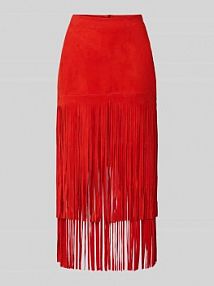 Spódnica skórzana z frędzlami i zamkiem błyskawicznym z tyłu Marc Cain czerwona EAN AC 71.15 L02