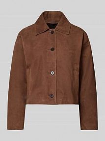 Kurtka o kroju regular fit z naturalnej skóry jagnięcej welurowej z wykładanym kołnierzem Windsor brązowa damska EAN 30100543