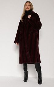Bordowy płaszcz Futerko o Kroju Oversize z Kieszeniami z Klapami Namys Born2Be damski