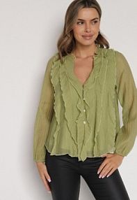 Zielona bluzka Koszulowa z Dekoltem w Serek Zdobiona Falbankami Nailiphis Born2Be damska