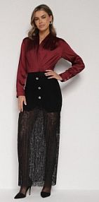 Czarna Dzianinowa spódnica z Wiskozą Zdobiona Koronką i Guzikami Sewora Born2Be