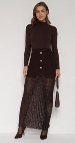 Brązowa Dzianinowa spódnica z Wiskozą Zdobiona Koronką i Guzikami Sewora Born2Be