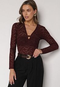 Bordowa Koronkowa bluzka z Długim Rękawem i Dekoltem w Serek Senafera Born2Be damska