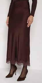 Brązowa Satynowa spódnica z Koronkowym Zdobieniem Silfera Born2Be