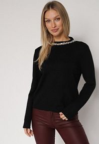 Czarny sweter z Dodatkiem Kaszmiru Ozdobiony Cekinami i Cyrkoniami Vetimona Born2Be damski