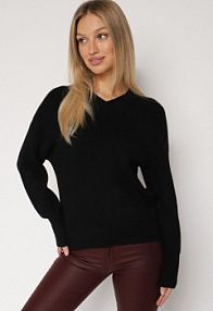 Czarny sweter z Domieszką Kaszmiru z Dekoltem w Serek Feralaine Born2Be damski