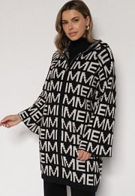 Czarno-Biały Rozpinany kardigan z Kapturem z Motywem Liter Belletusa Born2Be