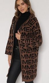 Brązowo-Czarny Rozpinany kardigan z Kapturem z Motywem Liter Belletusa Born2Be