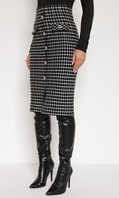 Czarno-Biała Ołówkowa Tweedowa spódnica w Kraciasty Wzór z Guzikami Anitusa Born2Be
