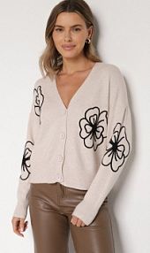 Beżowy kardigan na Guziki w Haftowane Kwiaty Tustara Born2Be