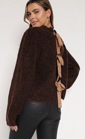 Brązowy kardigan z Wełną i Bufiastymi Rękawami Wiązany na Plecach Tuseleia Born2Be