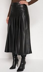 Czarna Rozkloszowana spódnica z Imitacji Skóry Zdobiona Plisami Tusbella Born2Be