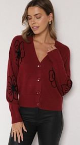 Bordowy kardigan na Guziki w Haftowane Kwiaty Tustara Born2Be