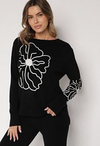 Czarny sweter Ozdobiony Haftowanymi Kwiatami Halatusea Born2Be damski
