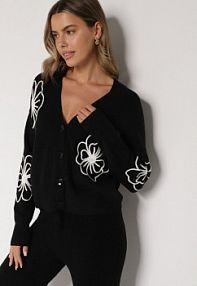 Czarny kardigan na Guziki w Haftowane Kwiaty Tustara Born2Be