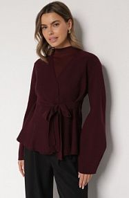 Bordowy kardigan z Wiskozą i Wiązaniem w Pasie Tusvela Born2Be