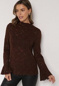 Brązowa Koronkowa bluzka ze Stójką i Rozszerzanymi Rękawami Nefina Born2Be damska