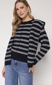 Granatowy kardigan w Paski z Domieszką Wełny z Dodatkową Narzutką Fedina Born2Be